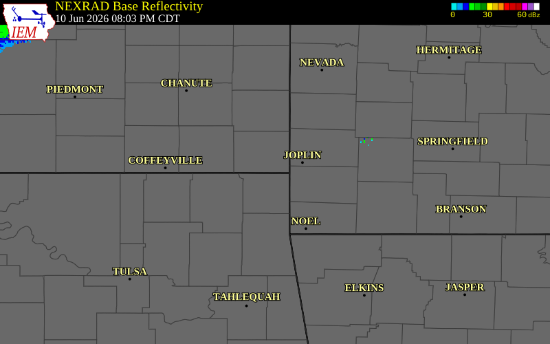 NEXRAD radar during the Wednesday, June 10, 2026 storm activity in Cherokee County, Kansas