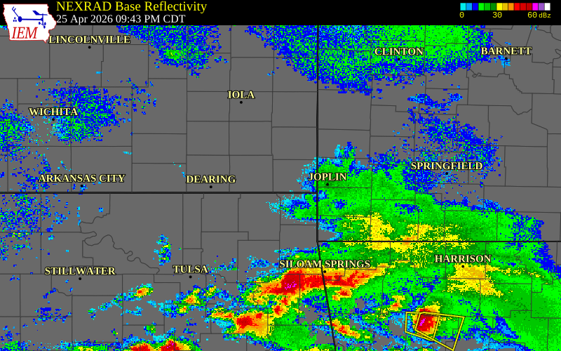 Radar snapshot during the Apr 25, 2026 tornado event near Hallowell, Cherokee County, Kansas, with NWS warning polygons