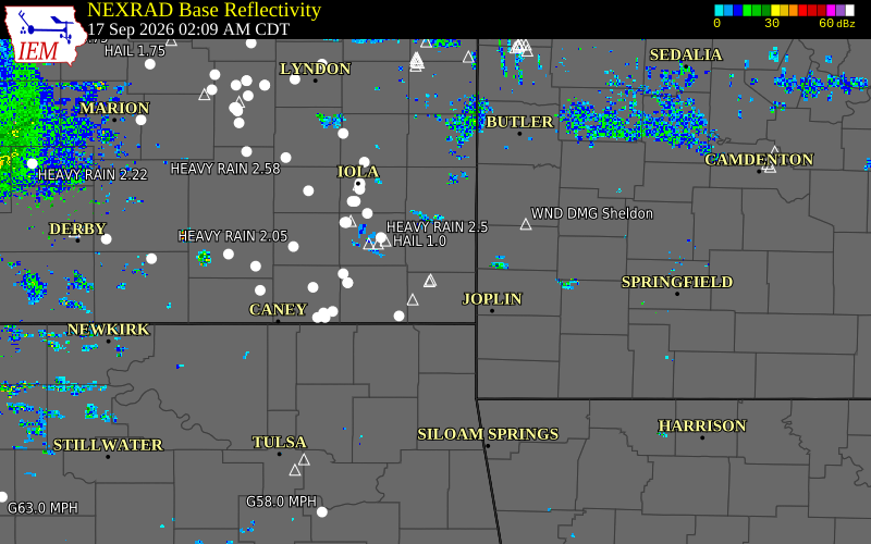 Current NEXRAD radar over Cherokee County, Kansas with recent storm report locations