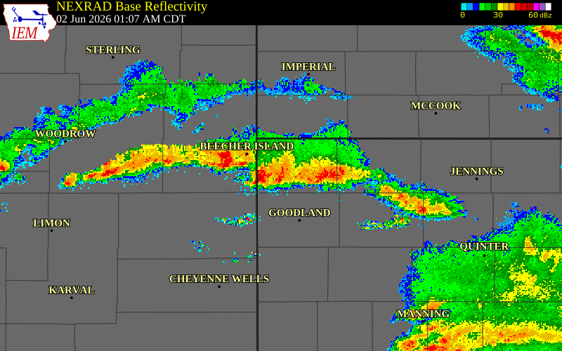 NEXRAD radar during the Tuesday, June 2, 2026 storm activity in Cheyenne County, Kansas