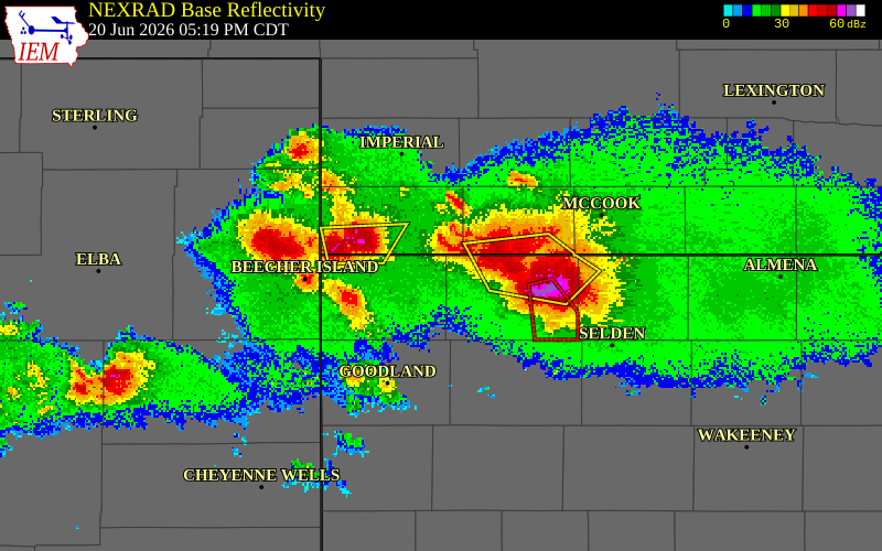 NEXRAD radar during the Saturday, June 20, 2026 storm activity in Cheyenne County, Kansas