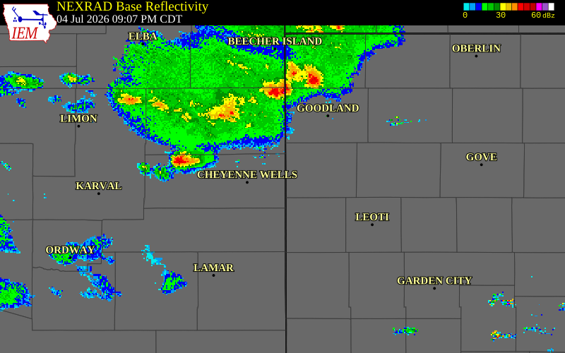 NEXRAD radar during the Saturday, July 4, 2026 storm activity in Cheyenne County, Kansas