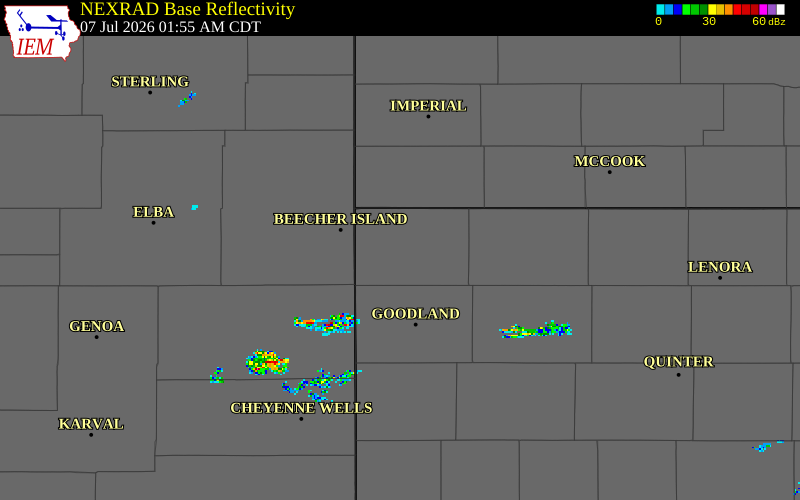 NEXRAD radar during the Tuesday, July 7, 2026 storm activity in Cheyenne County, Kansas