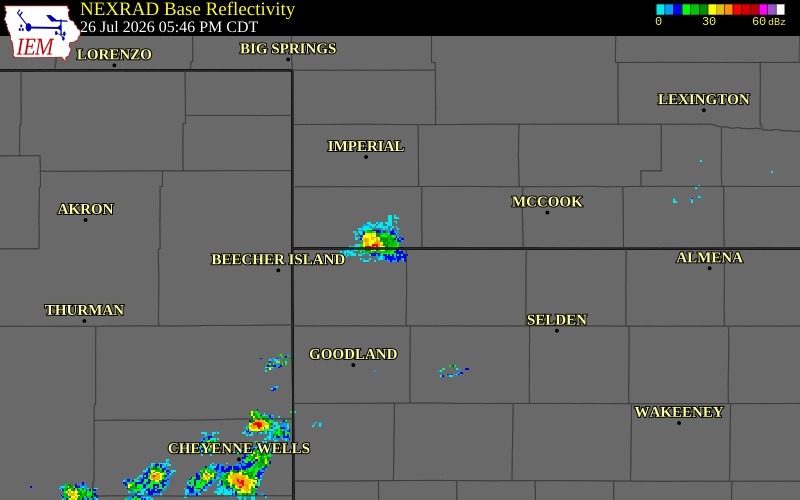 NEXRAD radar during the Sunday, July 26, 2026 storm activity in Cheyenne County, Kansas