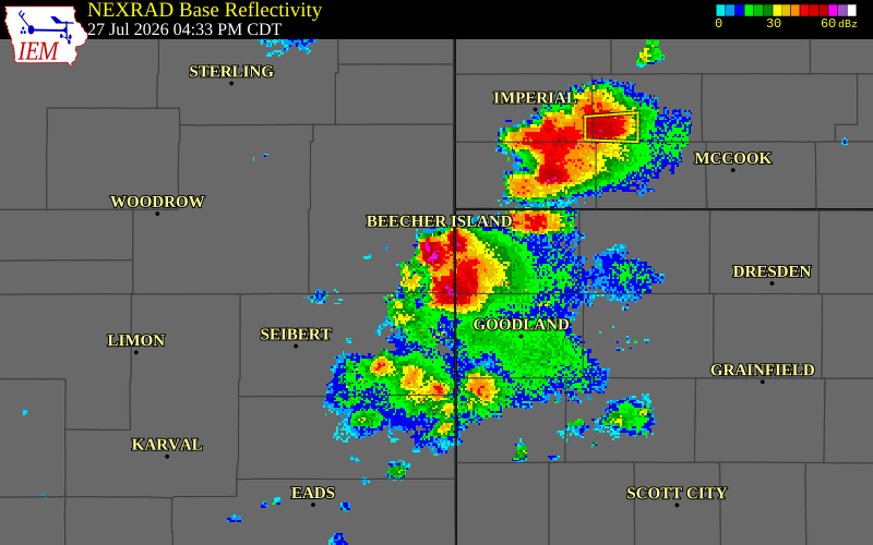 NEXRAD radar during the Monday, July 27, 2026 storm activity in Cheyenne County, Kansas
