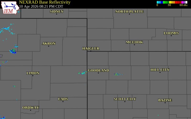 Radar snapshot during the Apr 10, 2026 wind event near 1 SSE Saint Francis, Cheyenne County, Kansas, with NWS warning polygons