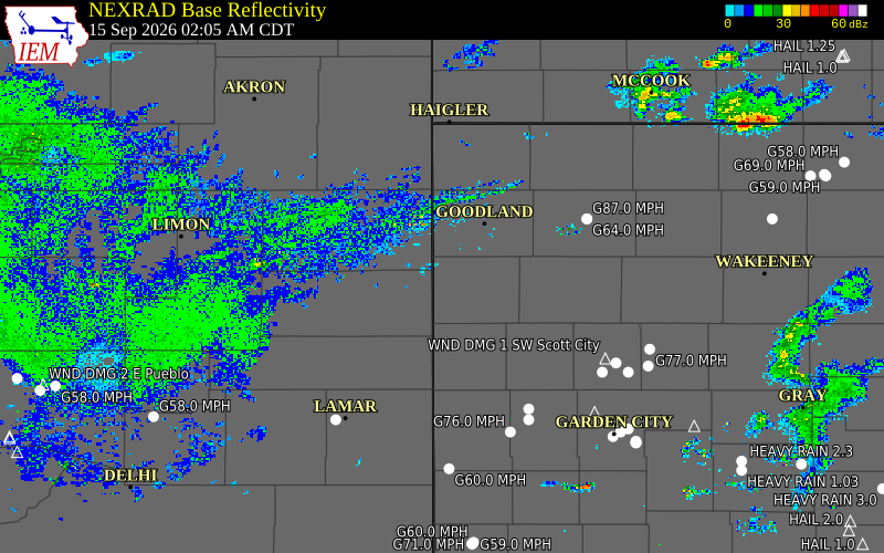Current NEXRAD radar over Cheyenne County, Kansas with recent storm report locations