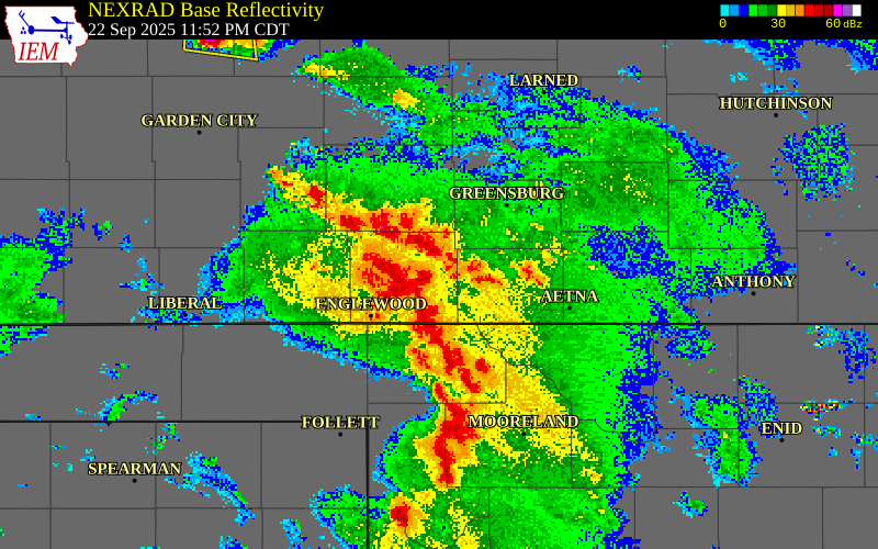 NEXRAD radar during the Monday, September 22, 2025 storm activity in Clark County, Kansas