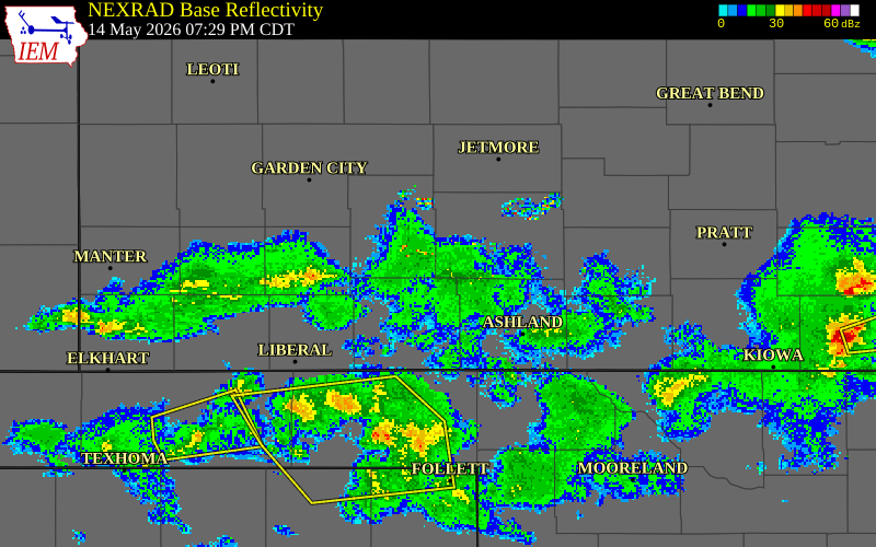NEXRAD radar during the Thursday, May 14, 2026 storm activity in Clark County, Kansas