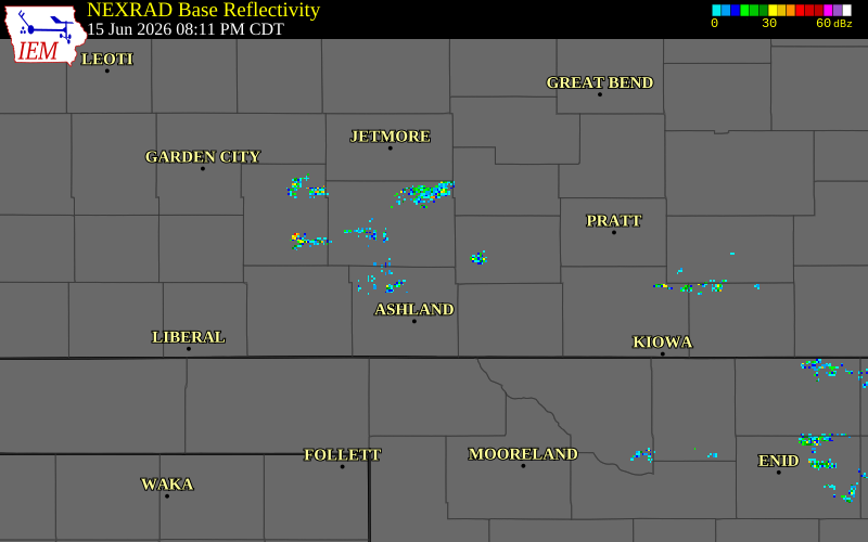 NEXRAD radar during the Monday, June 15, 2026 storm activity in Clark County, Kansas