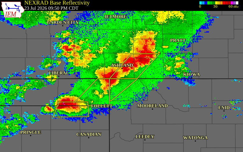 NEXRAD radar during the Thursday, July 23, 2026 storm activity in Clark County, Kansas