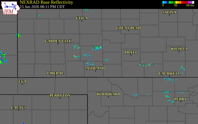 Radar snapshot during the Jun 15, 2026 wind event near 7 SE Kingsdown, Clark County, Kansas, with NWS warning polygons