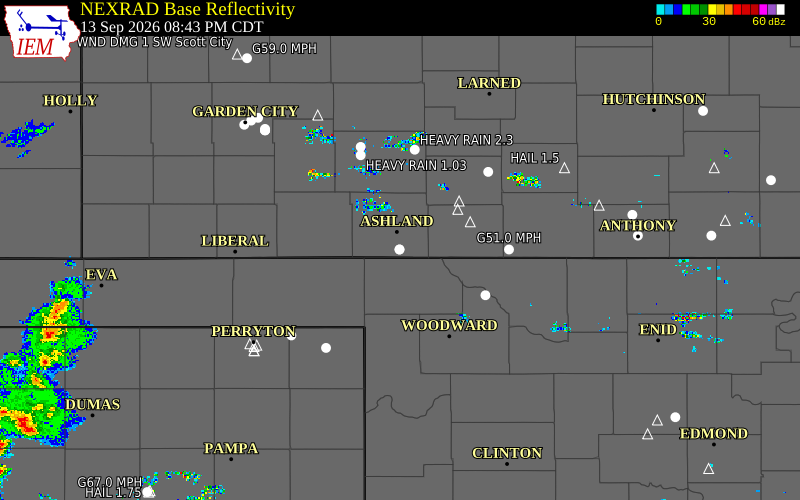 Current NEXRAD radar over Clark County, Kansas with recent storm report locations