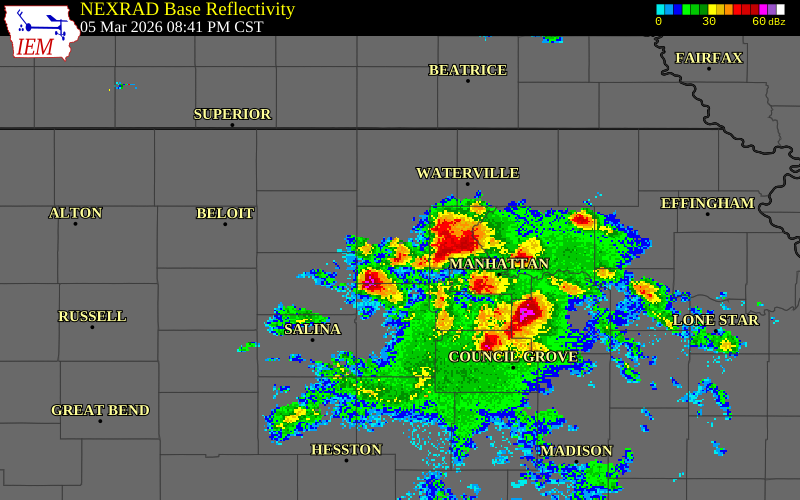 NEXRAD radar during the Thursday, March 5, 2026 storm activity in Clay County, Kansas