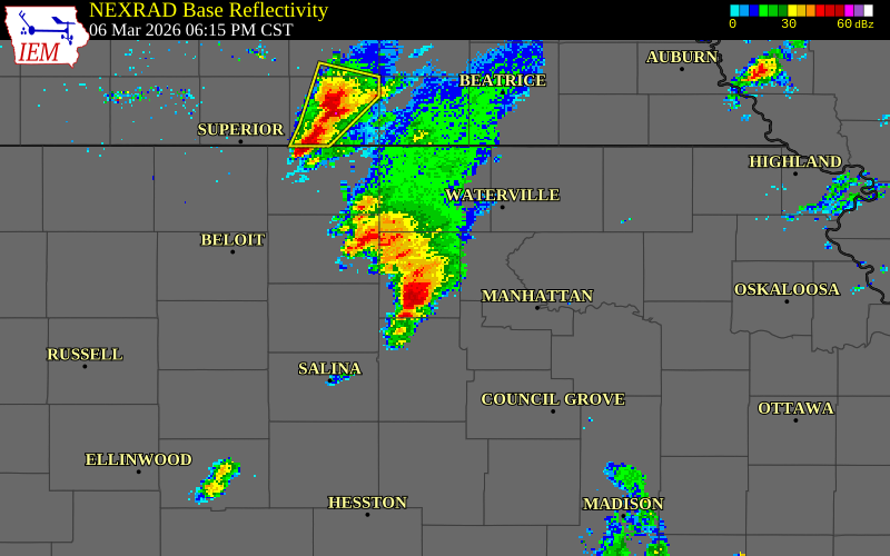 NEXRAD radar during the Friday, March 6, 2026 storm activity in Clay County, Kansas