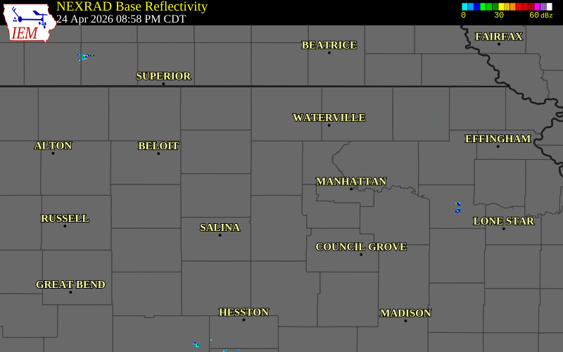 NEXRAD radar during the Friday, April 24, 2026 storm activity in Clay County, Kansas