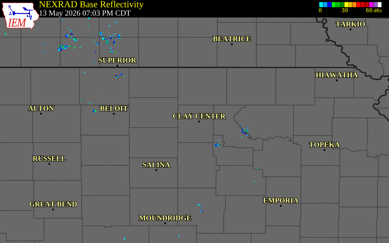 NEXRAD radar during the Wednesday, May 13, 2026 storm activity in Clay County, Kansas