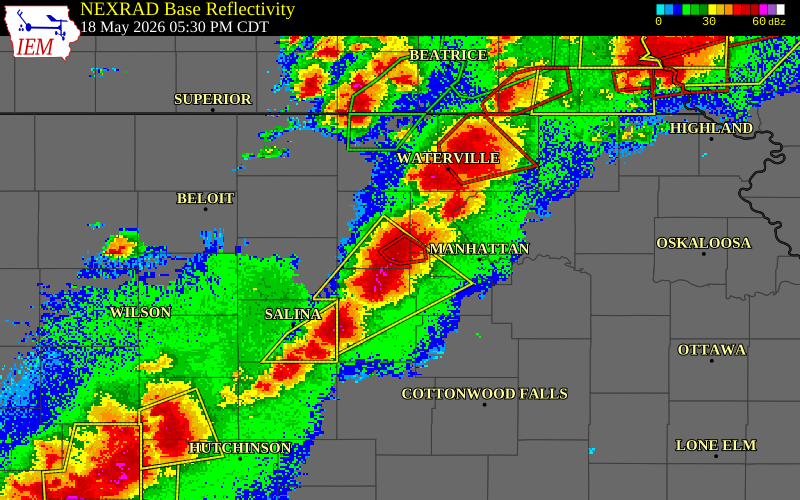 NEXRAD radar during the Monday, May 18, 2026 storm activity in Clay County, Kansas