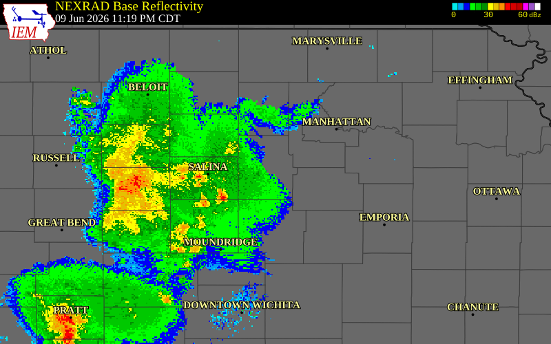 NEXRAD radar during the Tuesday, June 9, 2026 storm activity in Clay County, Kansas