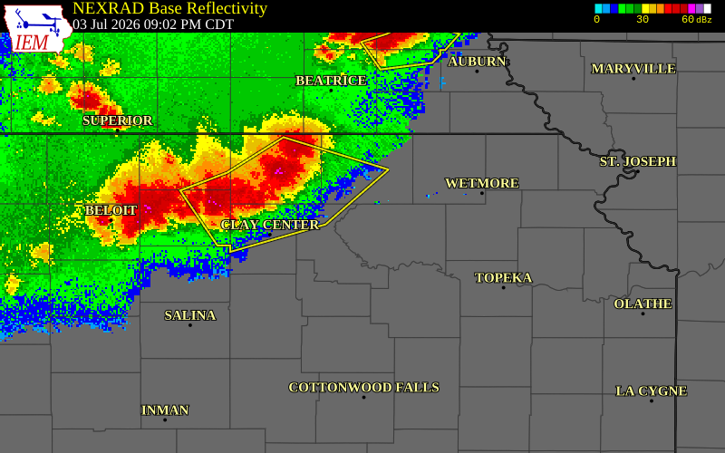 NEXRAD radar during the Friday, July 3, 2026 storm activity in Clay County, Kansas