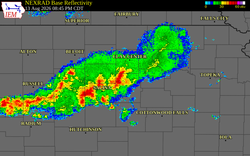 NEXRAD radar during the Thursday, August 13, 2026 storm activity in Clay County, Kansas