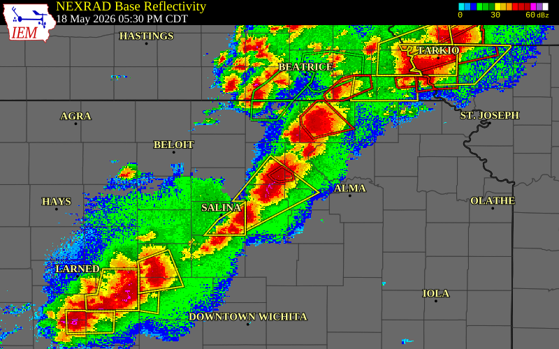 Radar snapshot during the May 18, 2026 tornado event near 1 N Wakefield, Clay County, Kansas, with NWS warning polygons