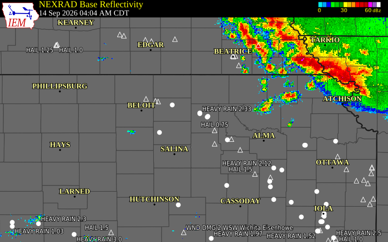 Current NEXRAD radar over Clay County, Kansas with recent storm report locations