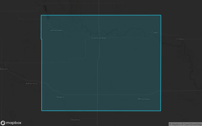 Map of Cloud County, Kansas showing the county boundary and surrounding cities