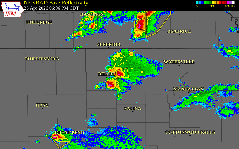 NEXRAD radar during the Saturday, April 25, 2026 storm activity in Cloud County, Kansas