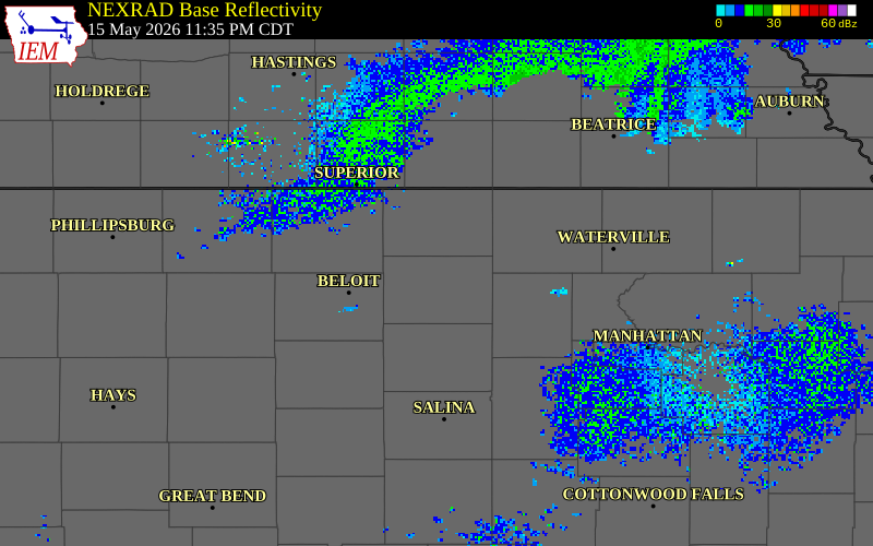 NEXRAD radar during the Friday, May 15, 2026 storm activity in Cloud County, Kansas