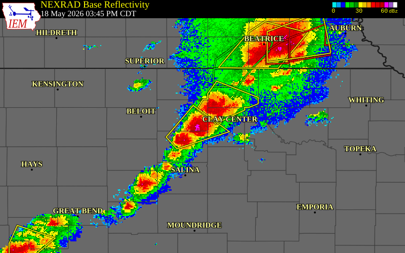 NEXRAD radar during the Monday, May 18, 2026 storm activity in Cloud County, Kansas