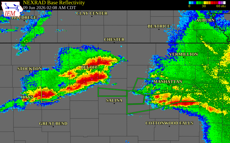NEXRAD radar during the Tuesday, June 9, 2026 storm activity in Cloud County, Kansas