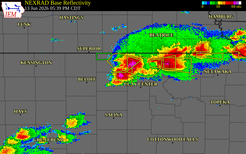 NEXRAD radar during the Saturday, June 13, 2026 storm activity in Cloud County, Kansas