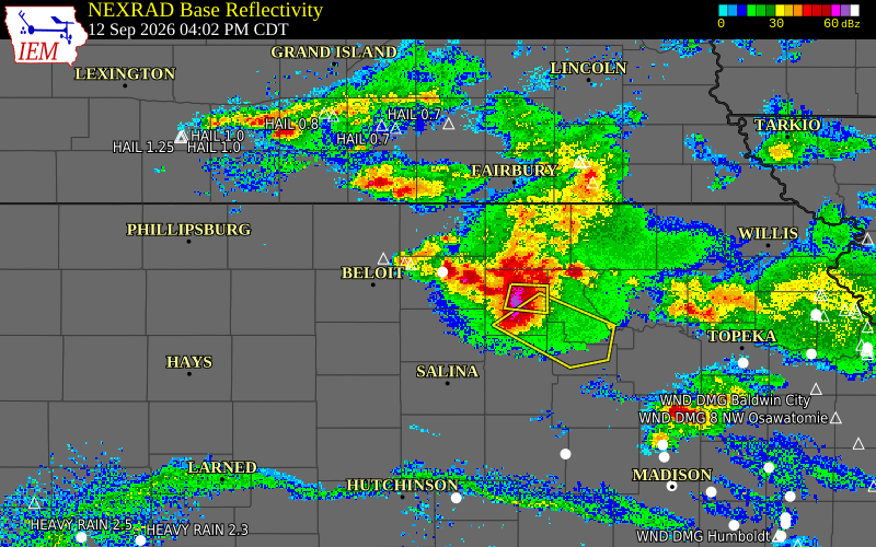 Current NEXRAD radar over Cloud County, Kansas with recent storm report locations