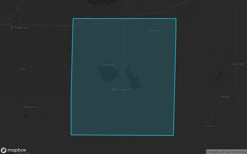 Map of Coffey County, Kansas showing the county boundary and surrounding cities