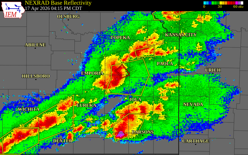 NEXRAD radar during the Friday, April 17, 2026 storm activity in Coffey County, Kansas