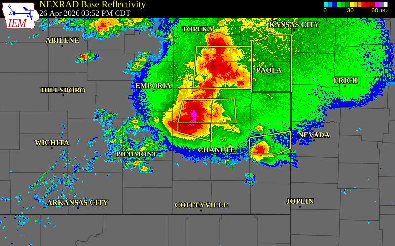 NEXRAD radar during the Sunday, April 26, 2026 storm activity in Coffey County, Kansas