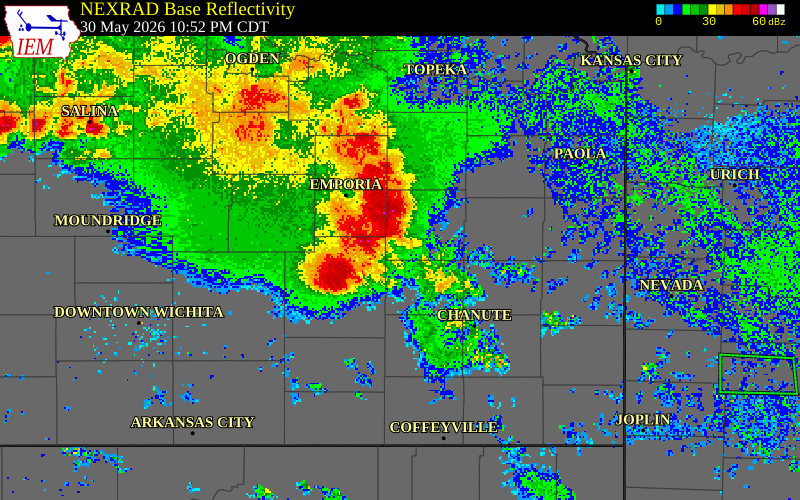 NEXRAD radar during the Saturday, May 30, 2026 storm activity in Coffey County, Kansas