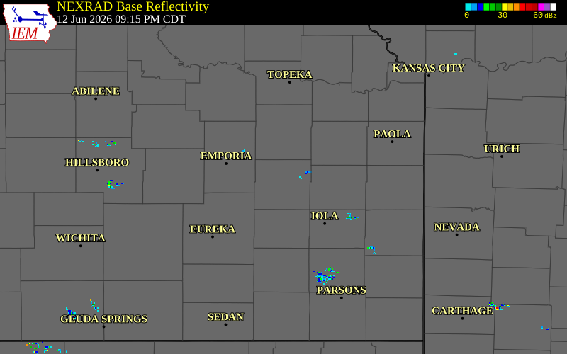 NEXRAD radar during the Friday, June 12, 2026 storm activity in Coffey County, Kansas