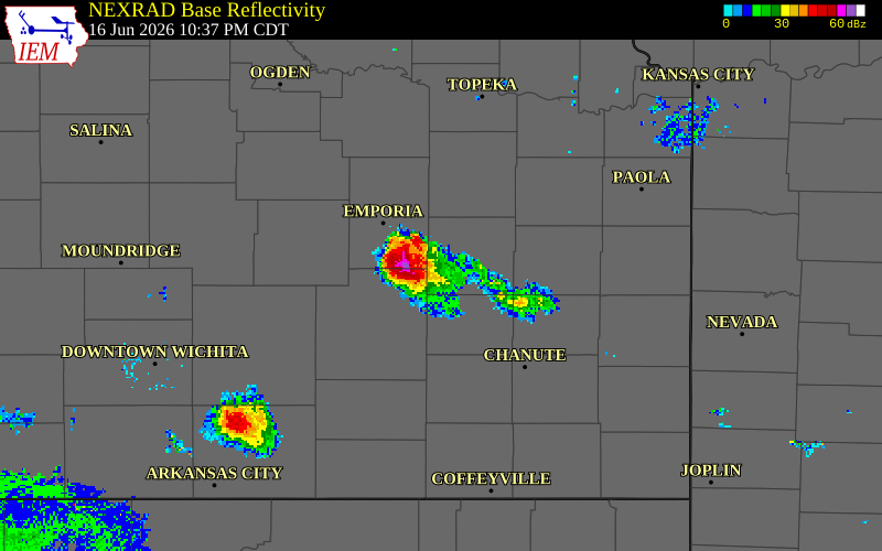 NEXRAD radar during the Tuesday, June 16, 2026 storm activity in Coffey County, Kansas