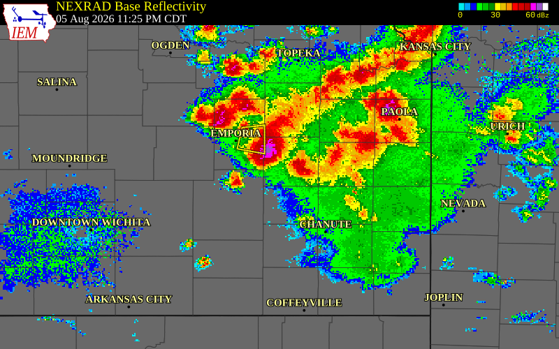 NEXRAD radar during the Wednesday, August 5, 2026 storm activity in Coffey County, Kansas