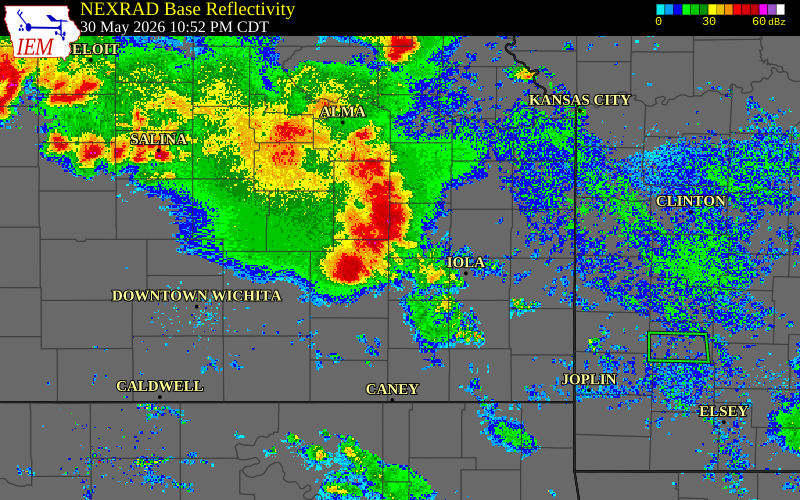 Radar snapshot during the May 30, 2026 hail event near Gridley, Coffey County, Kansas, with NWS warning polygons