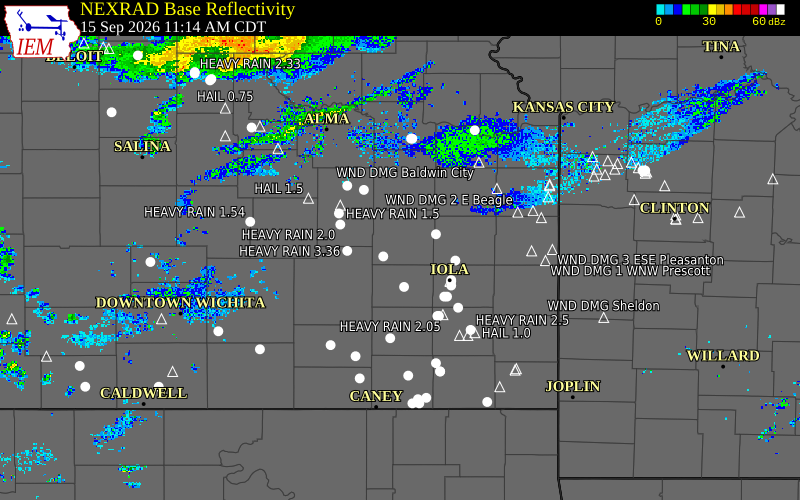 Current NEXRAD radar over Coffey County, Kansas with recent storm report locations