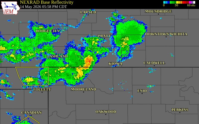 NEXRAD radar during the Thursday, May 14, 2026 storm activity in Comanche County, Kansas
