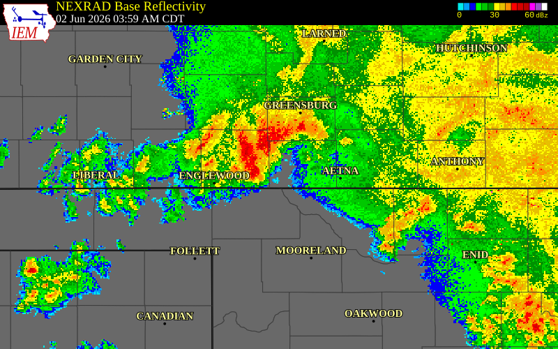 NEXRAD radar during the Tuesday, June 2, 2026 storm activity in Comanche County, Kansas