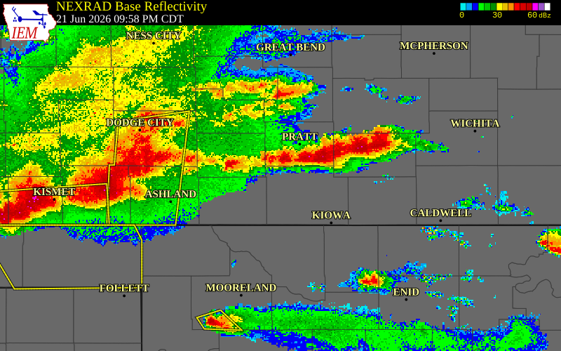 NEXRAD radar during the Sunday, June 21, 2026 storm activity in Comanche County, Kansas