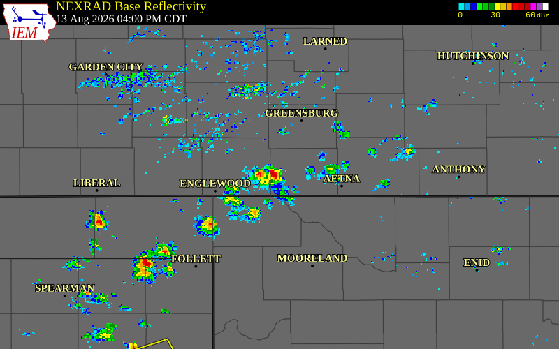 NEXRAD radar during the Thursday, August 13, 2026 storm activity in Comanche County, Kansas