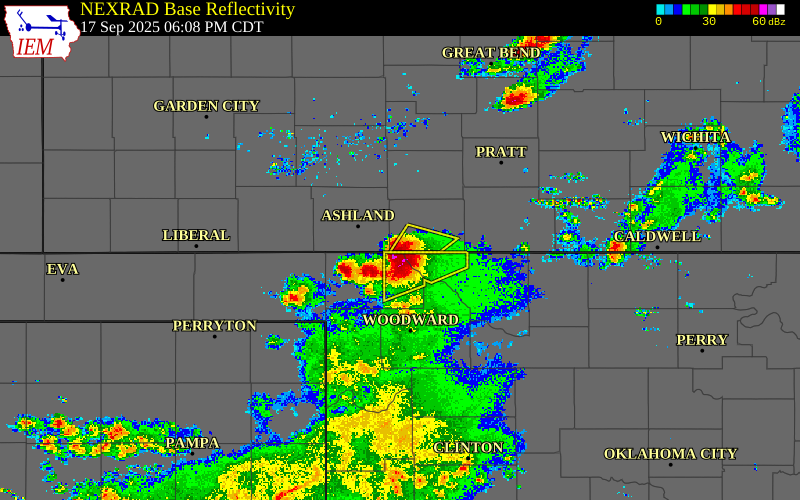 Radar snapshot during the Sep 17, 2025 hail event near 10 SW Buttermilk, Comanche County, Kansas, with NWS warning polygons