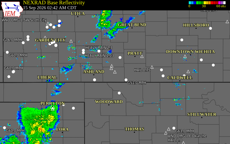 Current NEXRAD radar over Comanche County, Kansas with recent storm report locations