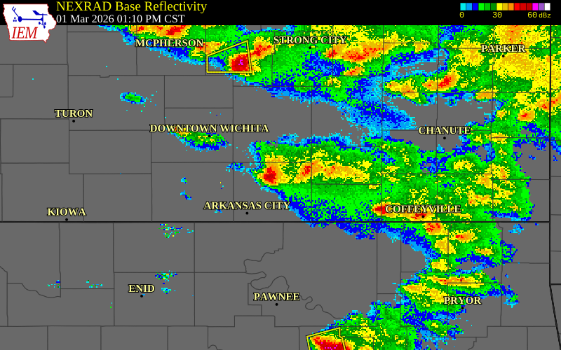 NEXRAD radar during the Sunday, March 1, 2026 storm activity in Cowley County, Kansas